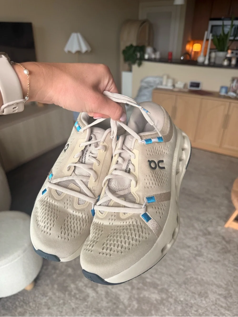On Running Women's CloudSurfer Sand Beige Athletic Shoes with Blue Accents